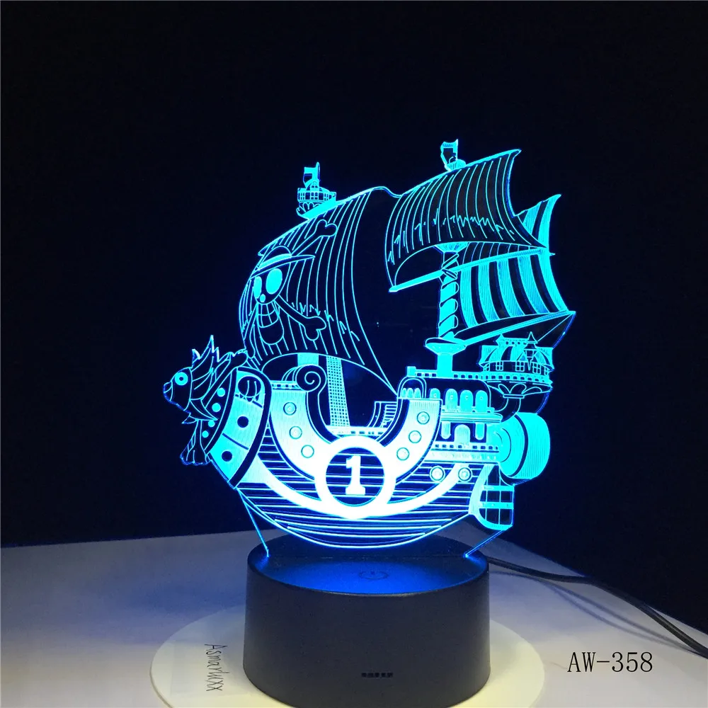 Пираты лодка корабль LED 3D ночник акрил 7 цветов Изменение USB настольная лампа