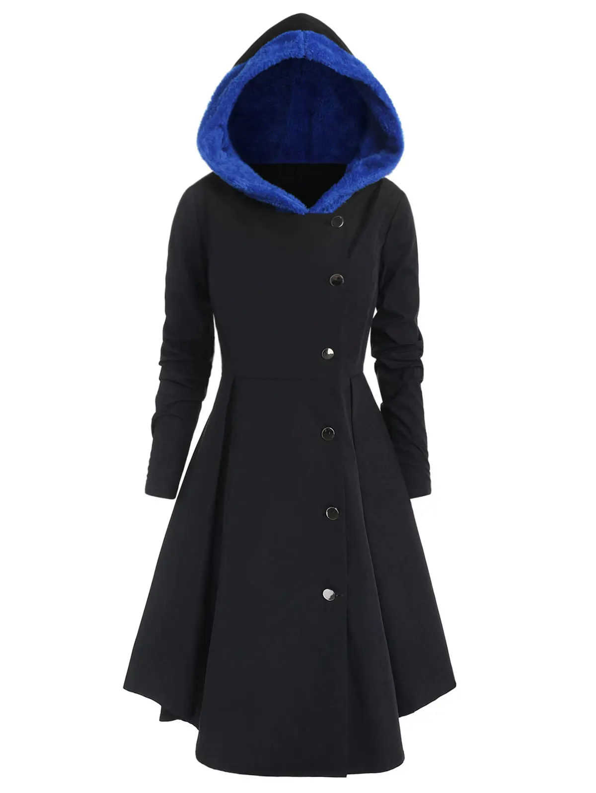 Wipalo Winter Plus Size Asymmetric Fleece Contrast Color Block Single Breasted Hooded Skirted Women Coat Long Outwear Coats 5XL | Женская