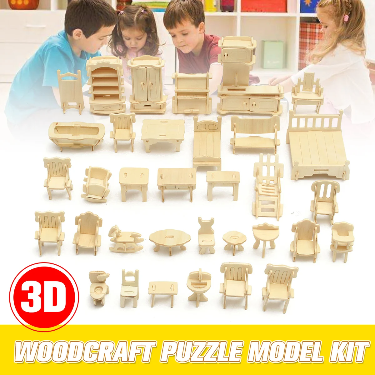 34 шт./компл. DIY мини детские развивающие кукольная мебель 3D дереву головоломки модель комплект игрушки ручной работы для детей Handworked подарок