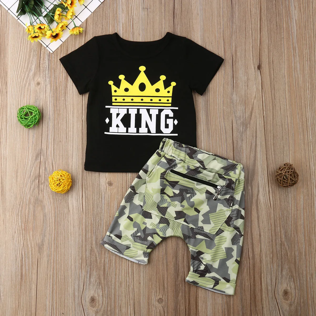 Fashion Summer Toddler Boys Clothes Sets Letter KING Print Tops T-shirt Camo Pants 2pcs Kids Children Outfits Set Costumes | Детская