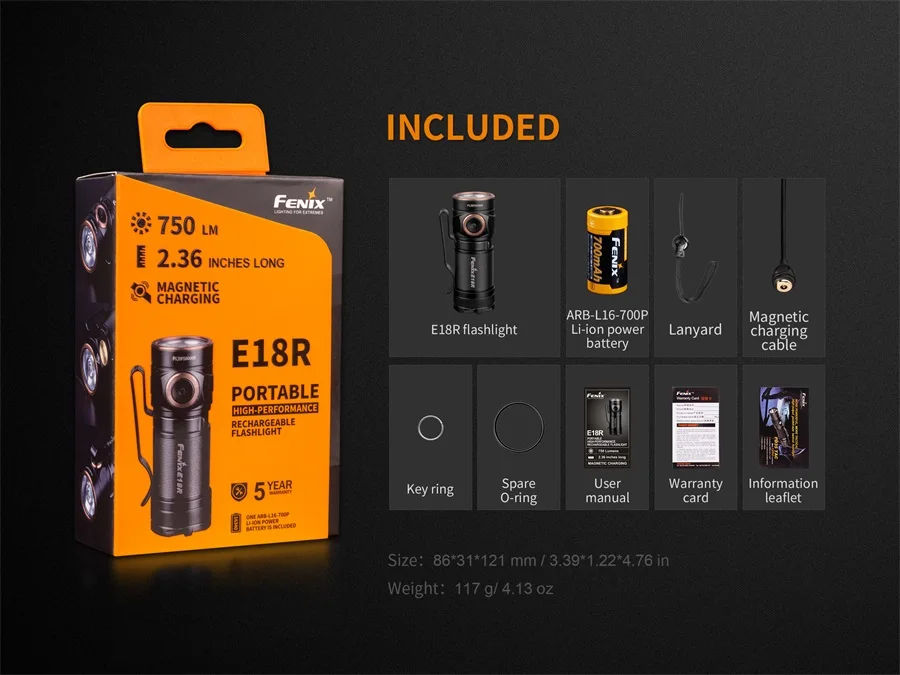 Новый фонарь Fenix E18R Cree XP L HI LED 750 люмен 16340/CR123A Магнитный зарядный аккумулятор