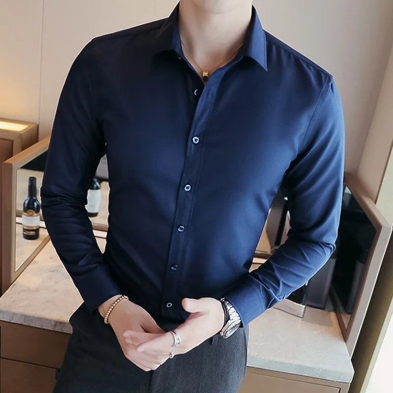 2019 Men's Business Casual Long Sleeved Shirt High Quality Male Social Dress Black Blue White | Мужская одежда