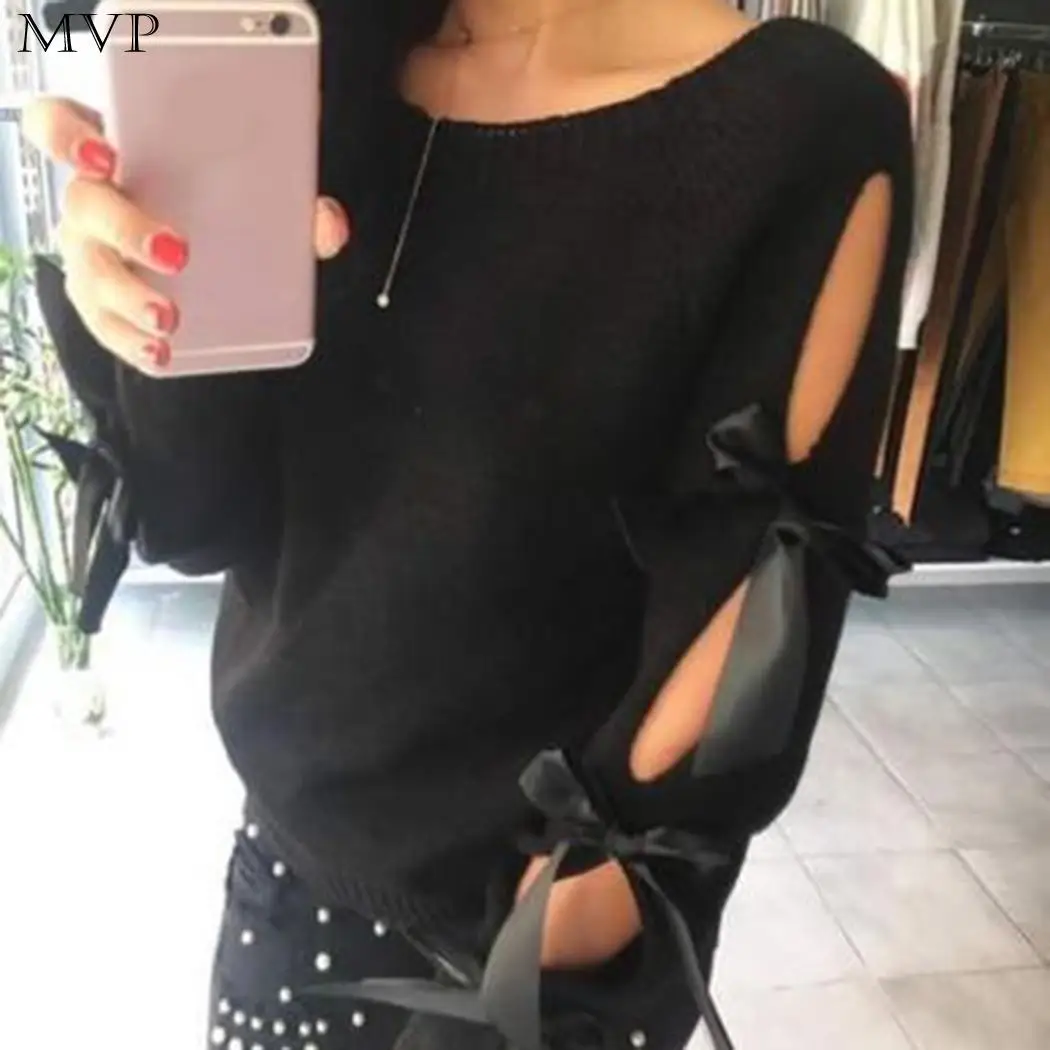 Beige Sweater Regular Long Sleeve Bow Casual Black Knitted Pink Autumn Hollow Tops Gray O-Neck Loose Women Solid | Женская одежда