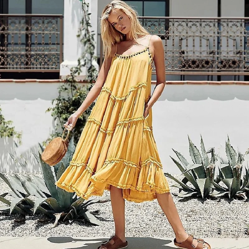 Лето Boho праздник для женщин пикантные Спагетти ремень желтый длинное платье