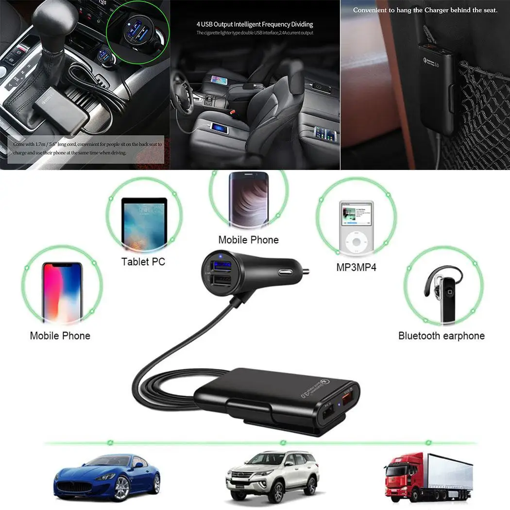 4 порта USB Автомобильное зарядное устройство с кабелем заднего сиденья Быстрая
