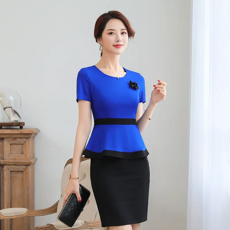 Women Office Lady Short Sleeve Suit Set Formal Work Wear Career Two Piece Pullover O-Neck Flower Patchwork Flare (Tops + Skirt) | Женская