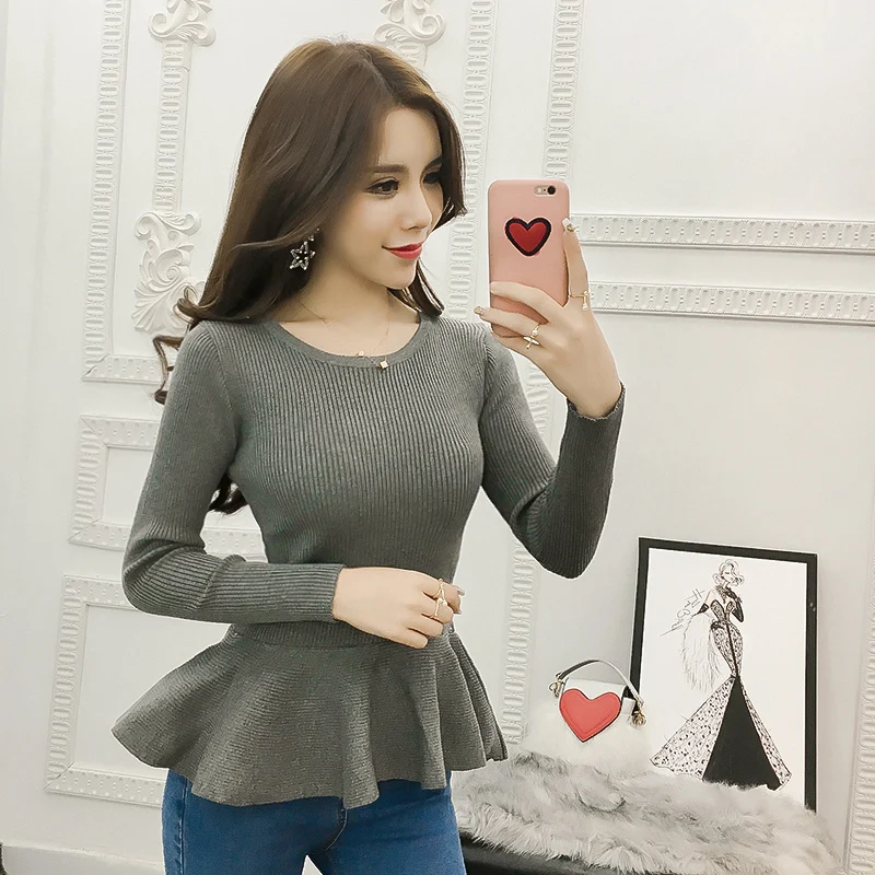 2019 Basic Pullovers Sweaters Hot Women Ruffled Long Sleeve Slim Bodysuit Top Gray Green Black Red Peplum Knit Sweater J303 | Женская