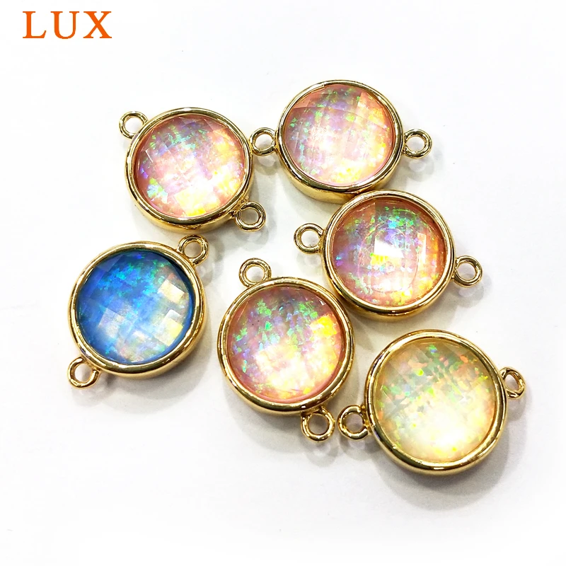 

Gold color Plated Bezel Tiny Round lab Opal Connector Double Loops 12mm Small Opals Charm Link Gem stone Making Jewelry Craft