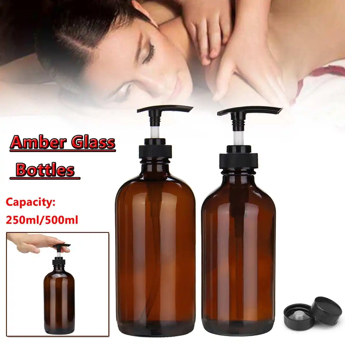 

250/500ml Liquid Soap Dispensers with Pump for essential oils homemade lotions round amber glass bottles