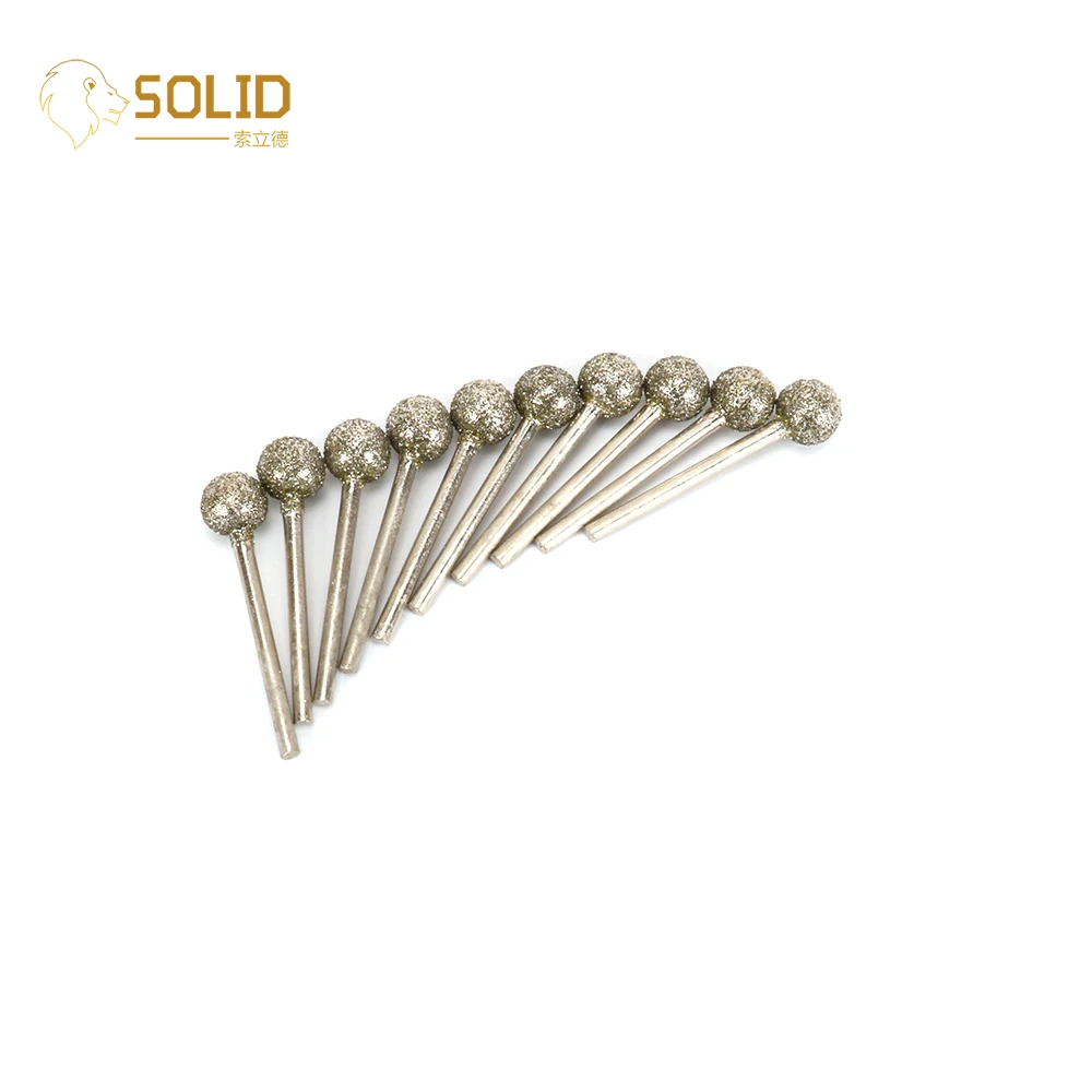 

10Pcs 10mm Head Spherical Diamond Grinding Head Mounted Point Burrs Drill Bits 46# Jade Carving Polishing Tool with 1/8" Shank