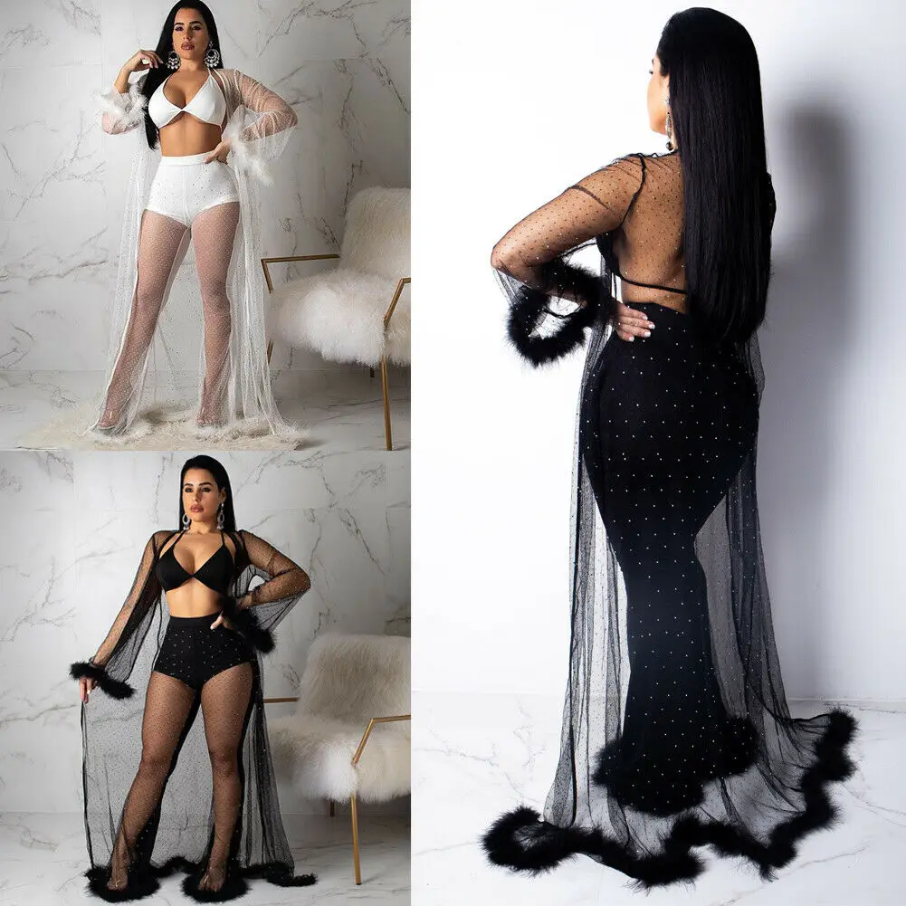 Женский длинный открытый кардиган в стиле бохо из сетчатой ткани рубашка куртка