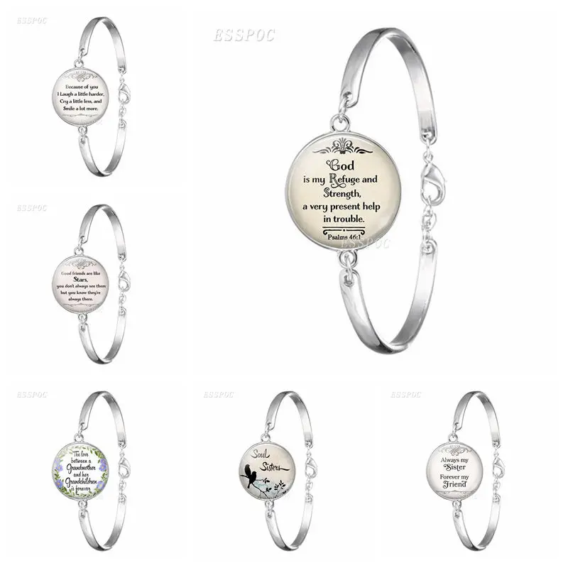 

God Is My Refuge and Strengh Bible Psalms Quote Verse Bracelet Bible Glass Cabochon Jewelry SilverColour Bangle Women Gift