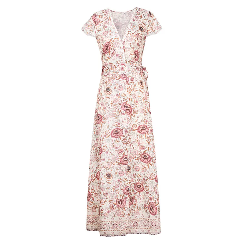 2019 New Arrivals Fashion Women High Slit V-neck Dress Floral Boho Long Maxi Belt Ruffles Sleeve Holiday Beach Sundress | Женская одежда