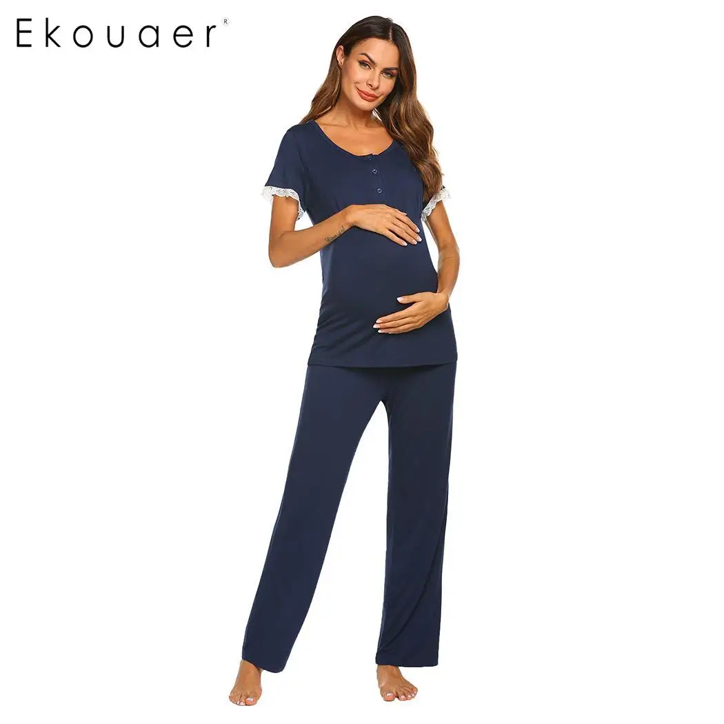 Ekouaer пижамные комплекты для женщин ночное белье костюмы одноцветные на пуговицах