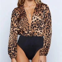 hot women eopard ladies bodysuit stretch leotard long sleeve body tops v neck bodysuits