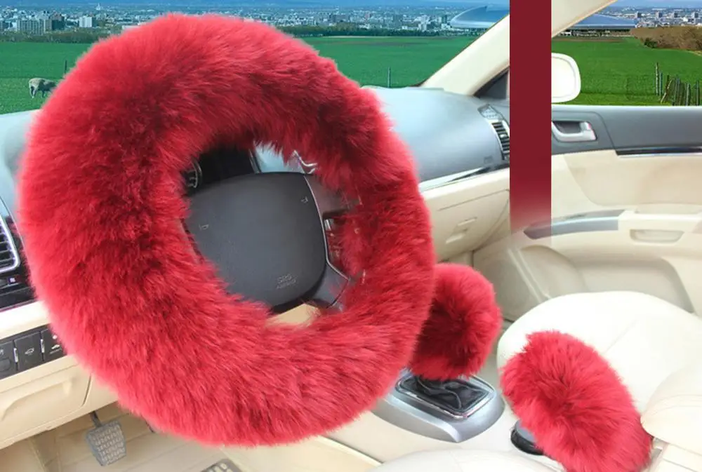 3 шт./компл. Меховой чехол рулевого колеса автомобиля шерстяной зимний