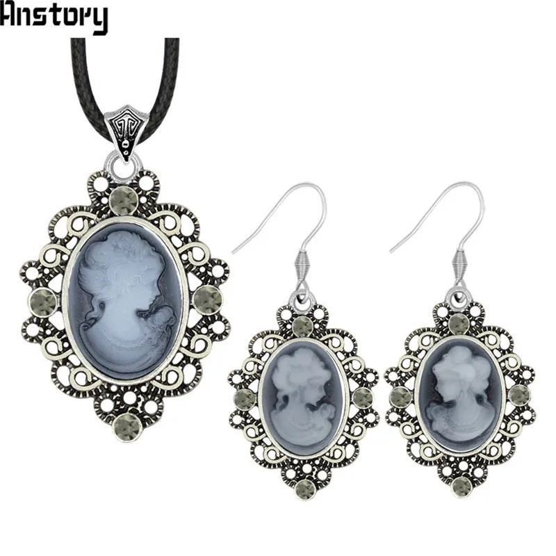 Oval Lady Queen Cameo Crystal Jewelry Set Antique Silver Plated Necklace Earrings Bracelet Fashion TS463 | Украшения и аксессуары