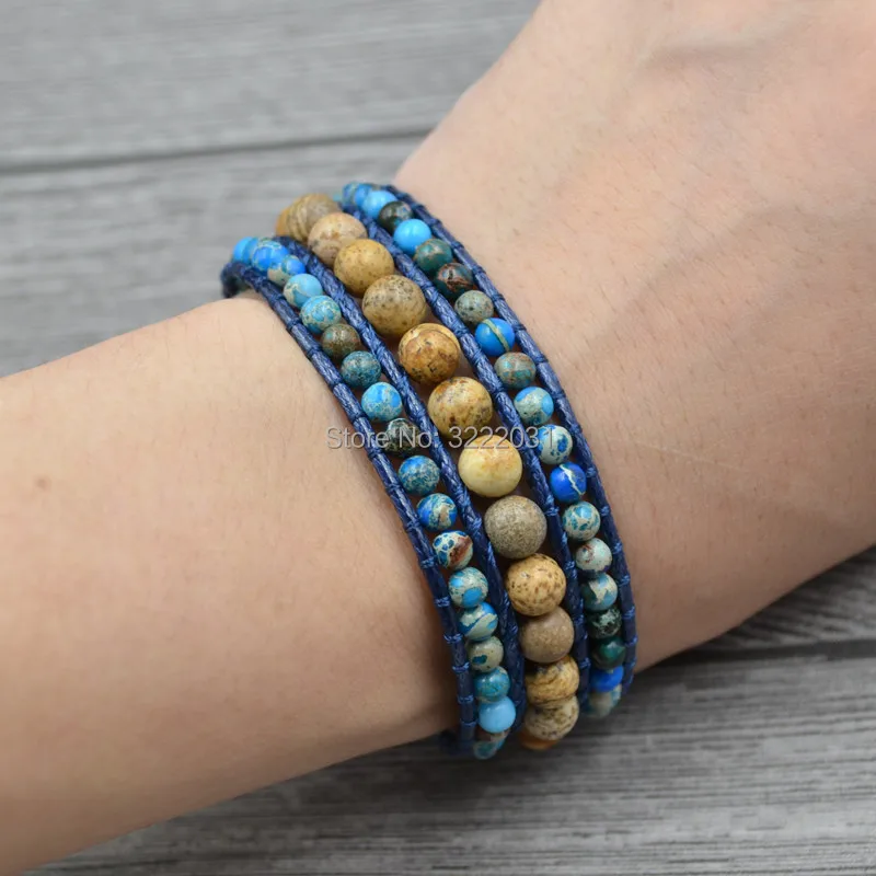 Новые смешанные браслеты из натуральных камней с синими бусинами кожаные