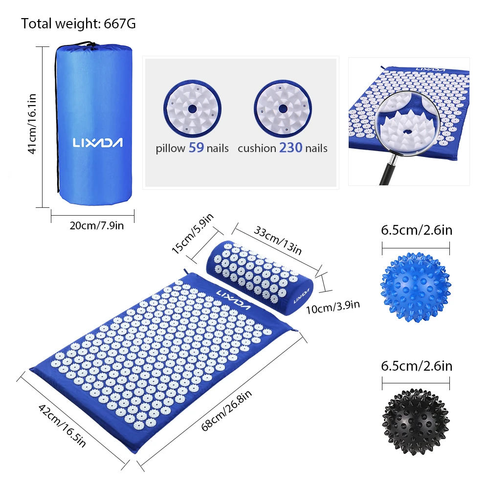 

Acupressure Mat and Pillow Set with 2pcs Spiky Massage Balls for Back/Neck/Feet Pain Relief and Muscle Relaxation with Bag