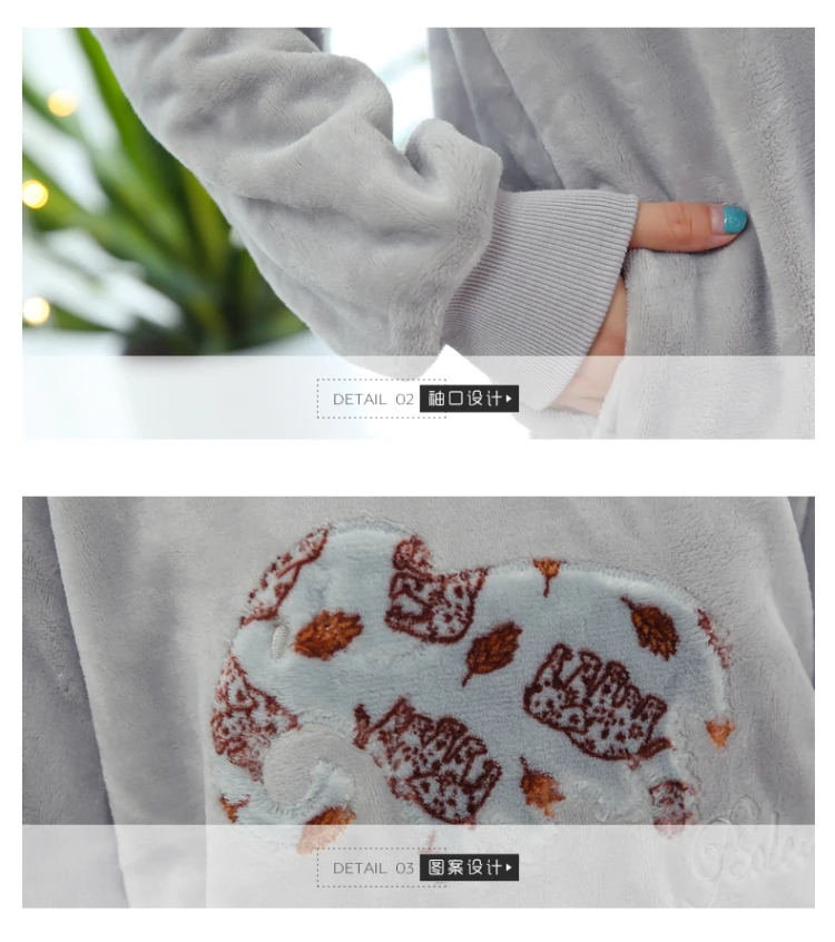 Autumn Winter Women Flannel Long Sleeve Pyjamas Sets Thick Warm Coral Velvet Pajamas Suit Female Cartoon Gray Elephant Sleepwear | Женская