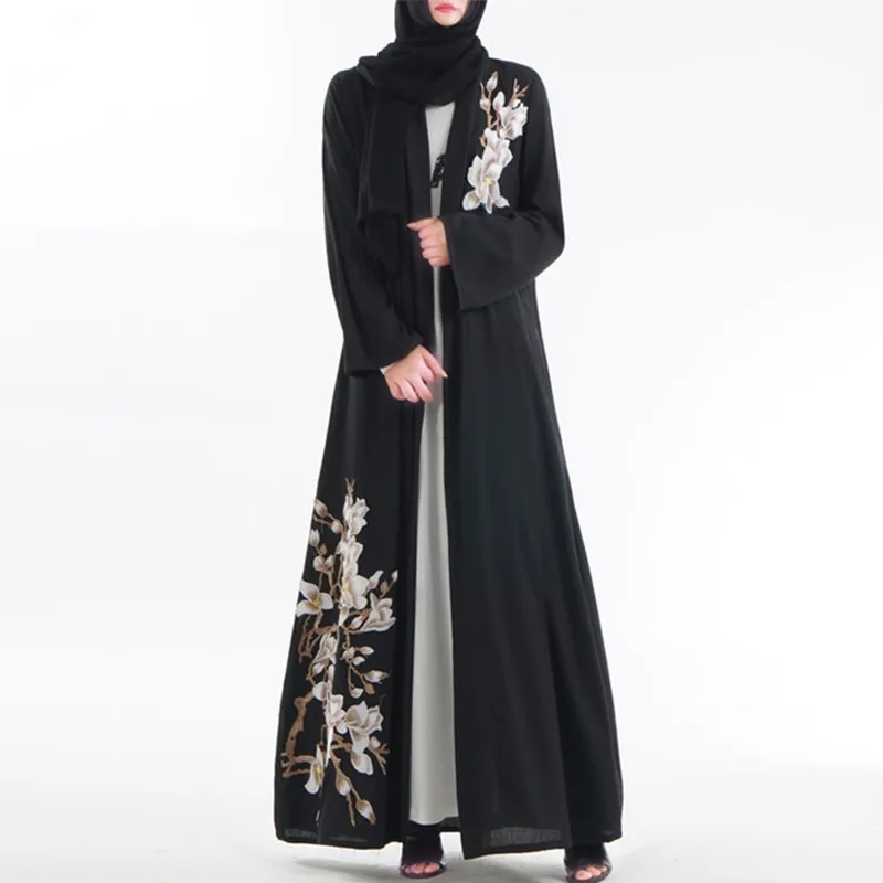Фото Открытая абайя Дубай кафтан исламский мусульманский женский Цветочная вышивка