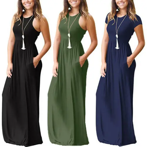 Модное женское свободное повседневное длинное платье без рукавов с высокой