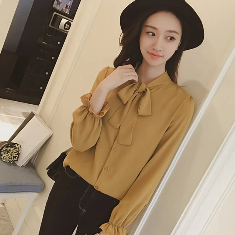 Женская мода Стенд воротник галстук бабочка с длинным рукавом шифон OL офисные