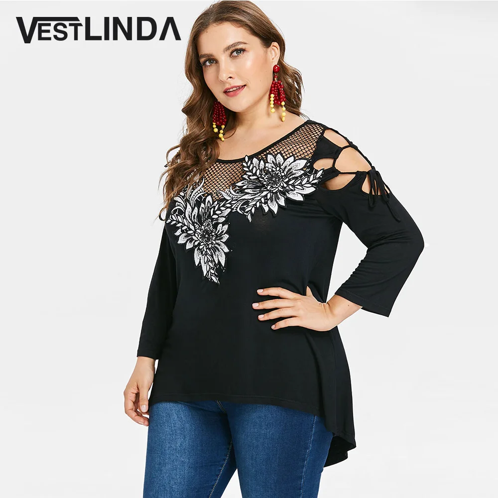 Женская футболка VESTLINDA черная ажурная Футболка с аппликацией кружевной топ в