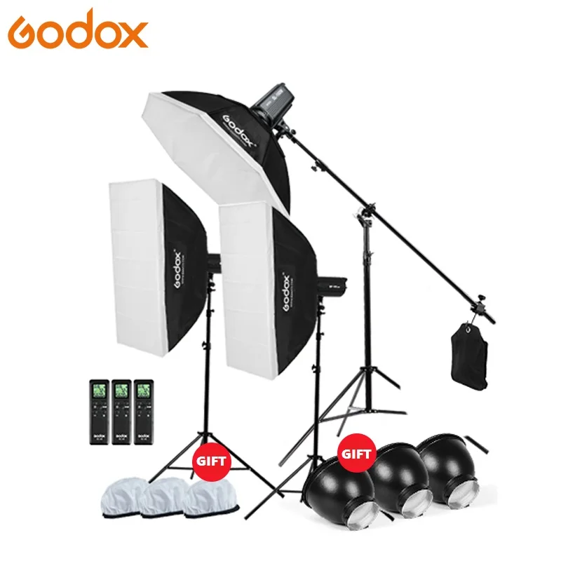 3x Godox Continuous Lighting SL-200W CRI93+ 16 Channels 5600K 200W LED Video Light Kit +120cm Octa Softbox +2.8m Stand +Boom Arm