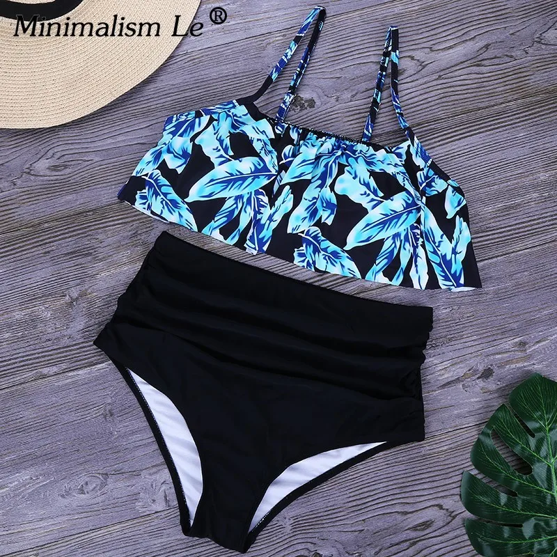 Minimalism Le 2019 Sexy Bikini Set Women Bikinis High Waist Beach Wear Print Swimwear Ruffle Striped Swimsuit Female Biquini XXL |