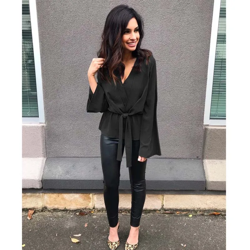 Модная женская шифоновая однотонная блузка 2019 новая весна осень глубокий