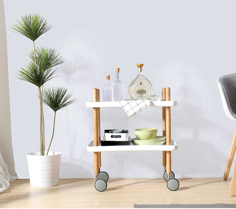 Modern Design popular 2 Layer moving Side Table Solid Wooden Plastic Storage bedside night table multi function little cart |