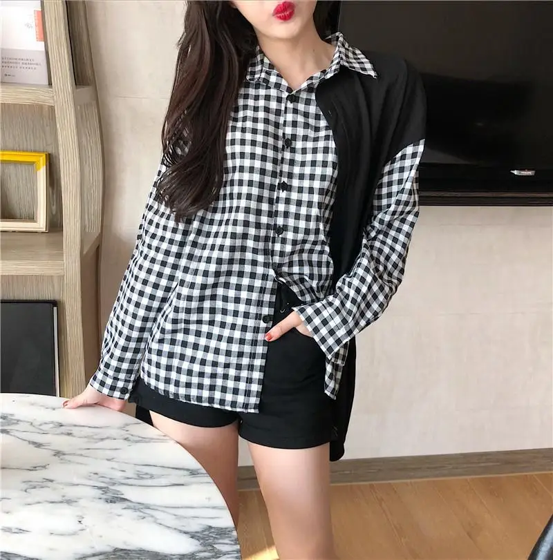 2019 Модные женские рубашки повседневные Черные и белые клетчатые с длинным