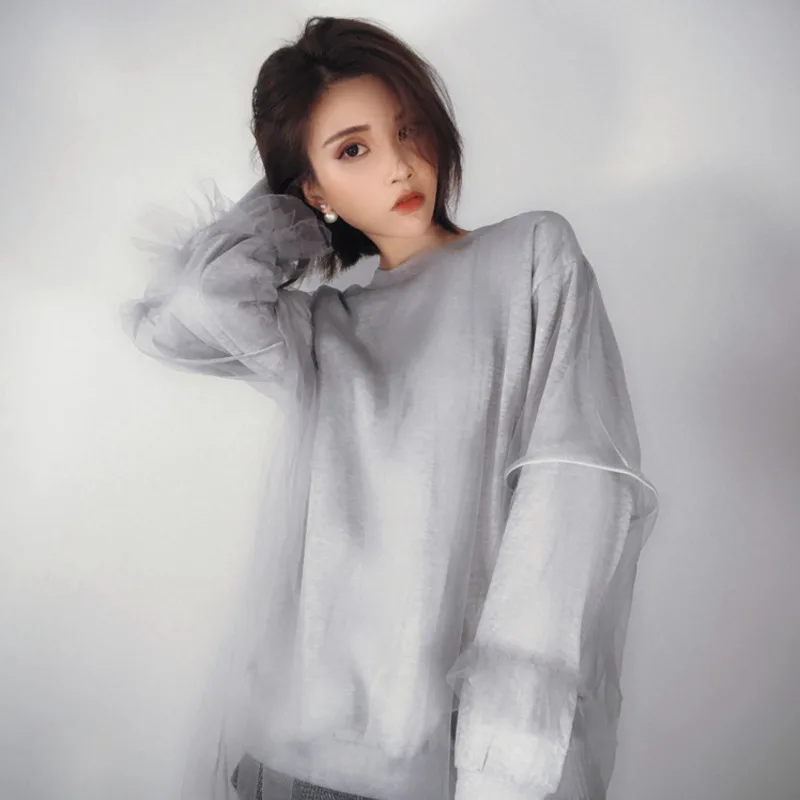 LANMREM 2020 Новая модная серая Лоскутная сетчатая двухслойная Женская толстовка