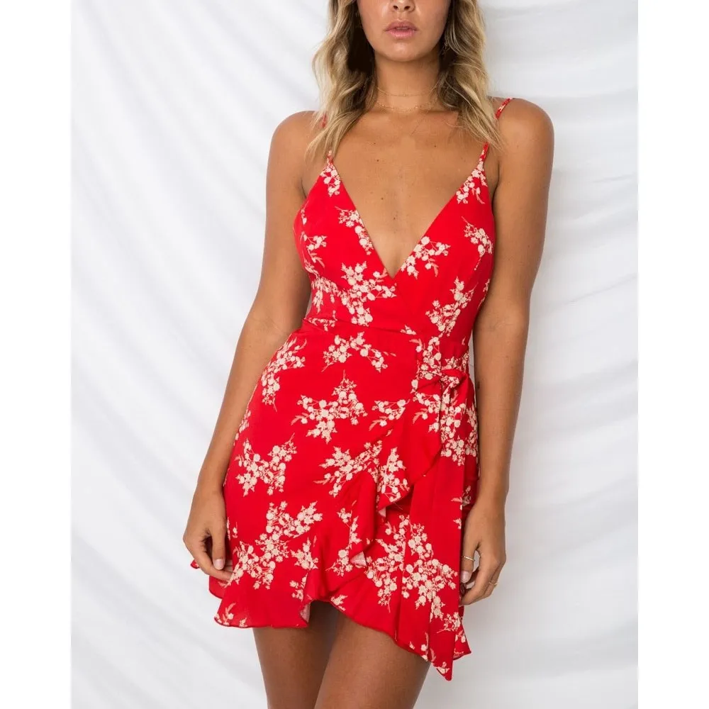 Летнее пляжное платье с цветочным принтом богемное женское мини на бретельках в