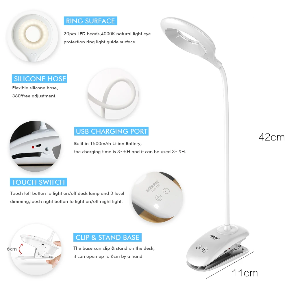 Led Clip Flexible Desk Lamp With Night Light Moderntouch Switch Dimmer Rechargeable 18650 Battery Usb Table Lamps | Лампы и освещение