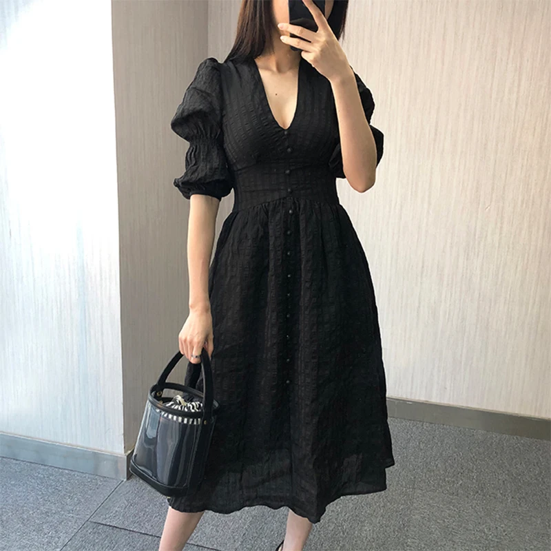 SISPELL Vintage Solid Dress For Women V Neck Puff Sleeve High Waist Slim Midi Summer A Line Dresses Female Fashion New Tide 2019 | Женская