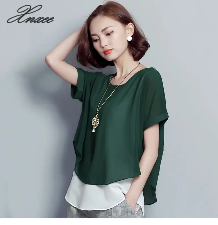 

2020 Summer Blouse Women Short Sleeve Chiffon Shirt Ladies Fake Two Piece Women Clothing Loose Plus Size 4XL