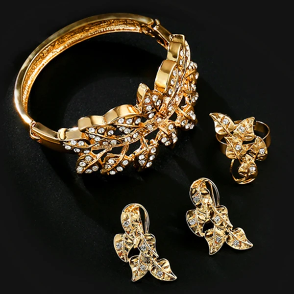 Big Luxury Imitation Crystal Leaf Jewelry Set Gold Color Dubai Wedding Sets For Brides Womens Costume | Украшения и аксессуары