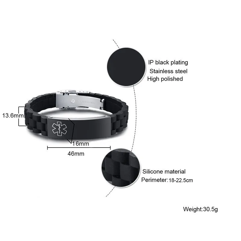 Персонализированные черные резиновые медицинские бирки IDBracelet из нержавеющей стали на заказ диабет DIY регулируемые силиконовые запястья для мужчин и детей
