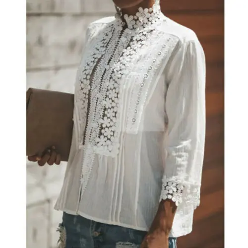 

Fashion Women V-Neck Cotton Blouse Shirts Jumper Sunsuit Ladies Summer Long Sleeve Shirts Hollow Out Flowers Lace Blouses Outfit