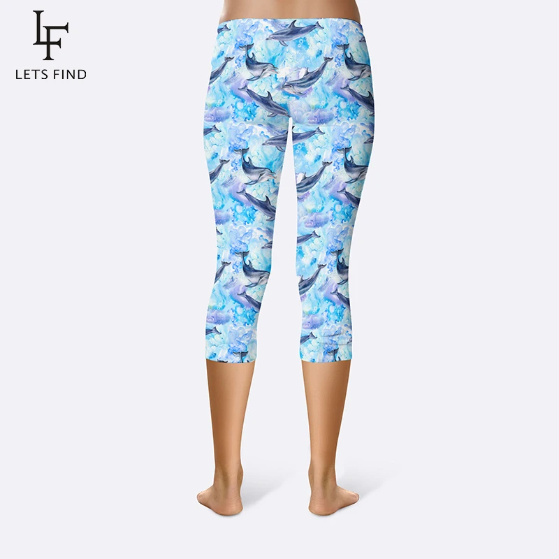 Summer New Arrival Cartoon Dolphins Print Women Leggings Mid-Calf High Quality Milk Silk Plus Size Fitness Capri Pants | Женская одежда