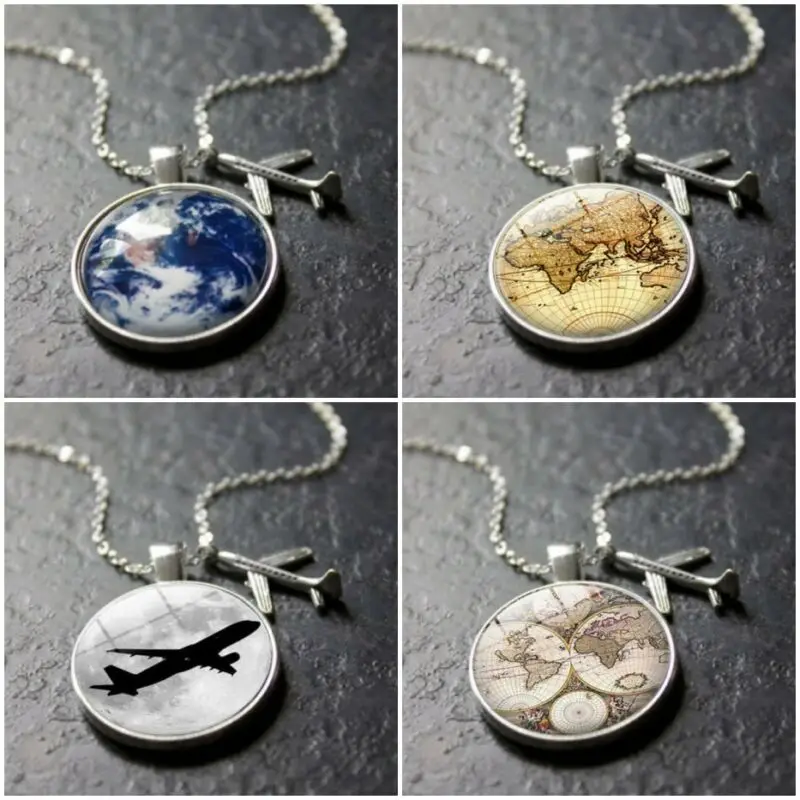 

World Travel Pendant Jewelry Alloy Earth Choker Glass Necklace Aircraft Map Handmade Necklace Creative Travel Gift