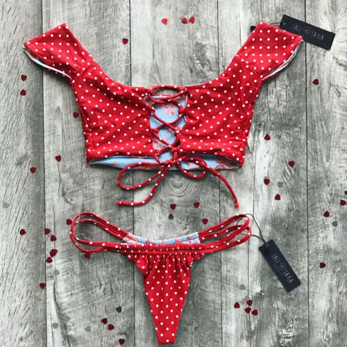 Комплект бикини женский в горошек пикантный бандажный купальник с чашками пуш ап