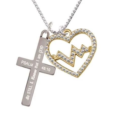 Gold-colored Tone Large Crystal Heart - Heartbeat Be Still And Know Cross Necklace | Украшения и аксессуары