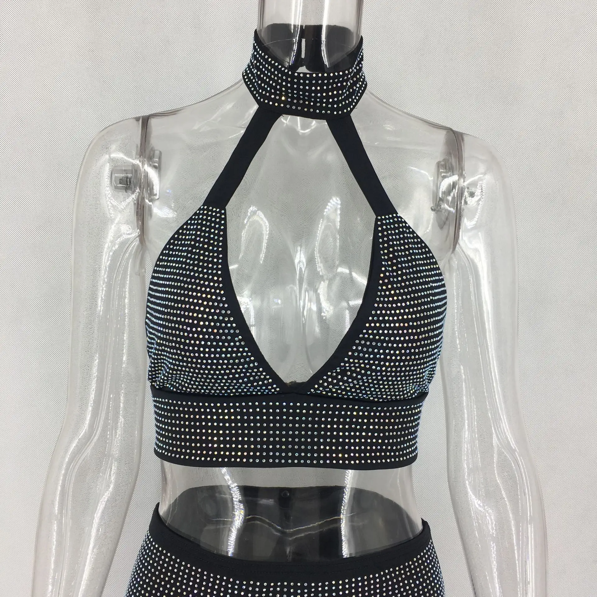 Hot Drilling Bling Women Sexy Dresses Halter Backless 2 Piece Summer V Neck Nightclub Dress Suits | Женская одежда