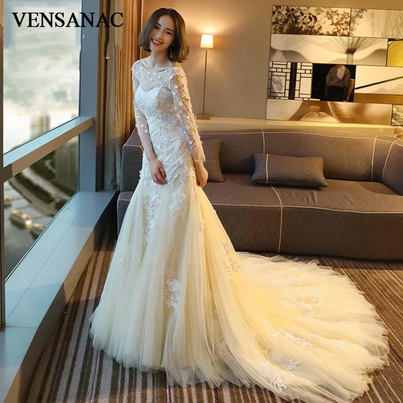 

Кружевное свадебное платье VENSANAC с блестками, с круглым вырезом, аппликацией, с юбкой годе, с длинным рукавом, со шлейфом и открытой спиной, платье для невесты