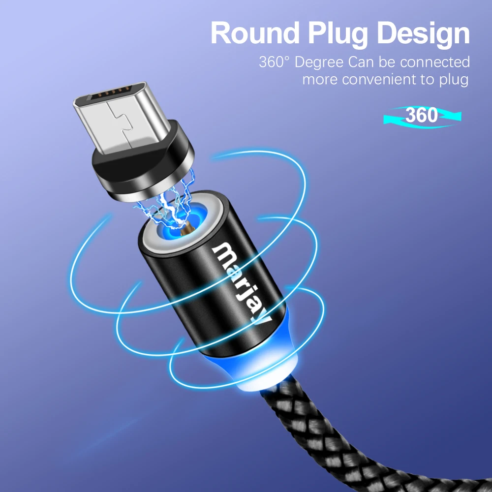 Магнитный кабель Marjay Type C Micro USB Плетеный светодиодный магнитный зарядный для Apple