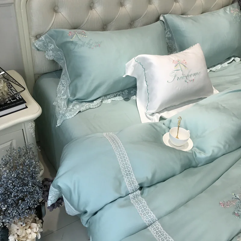 Hotsale 80s Imported Tencel Bedding Set Lace Embroidery Two-sided Ice Silk Quilt over Summer Home Textile 1.8m Bedsheet Freeship | Дом и сад