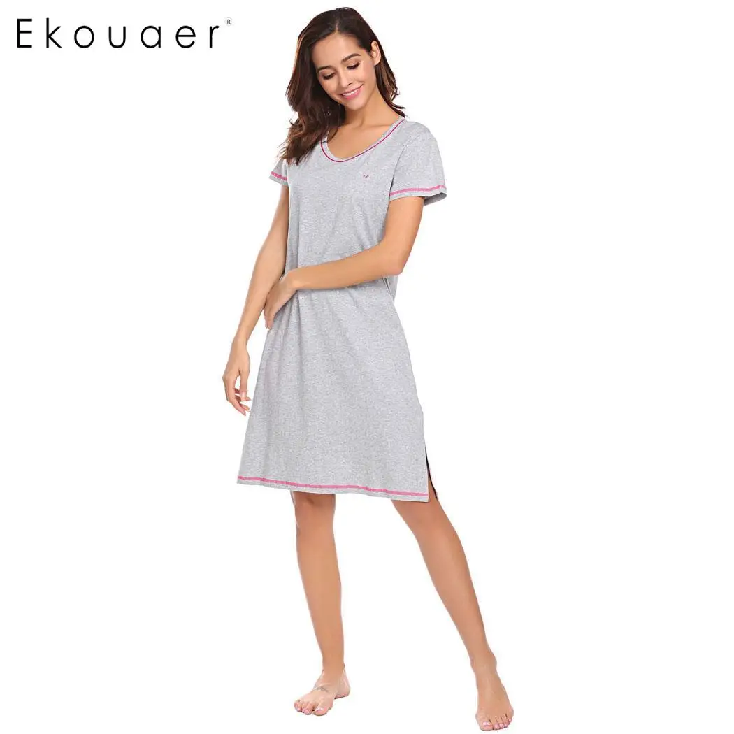 Ekouaer/Летняя хлопковая ночная рубашка с вышивкой Однотонная коротким рукавом и